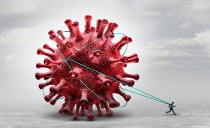 A graphic illustrating a red virus being dragged behind a model of a human being against a grey background. 